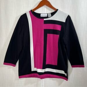 Alfred Dunner Abstract Color Block Pink Black White Retro Knit Sweater Sz S